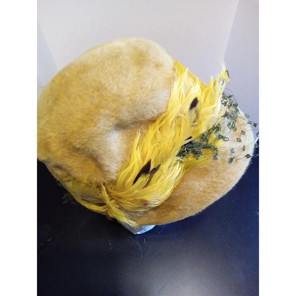 Vintage Mr Josephs New York Yellow Felt‎ Pillbox Hat Feathers Netting Austria